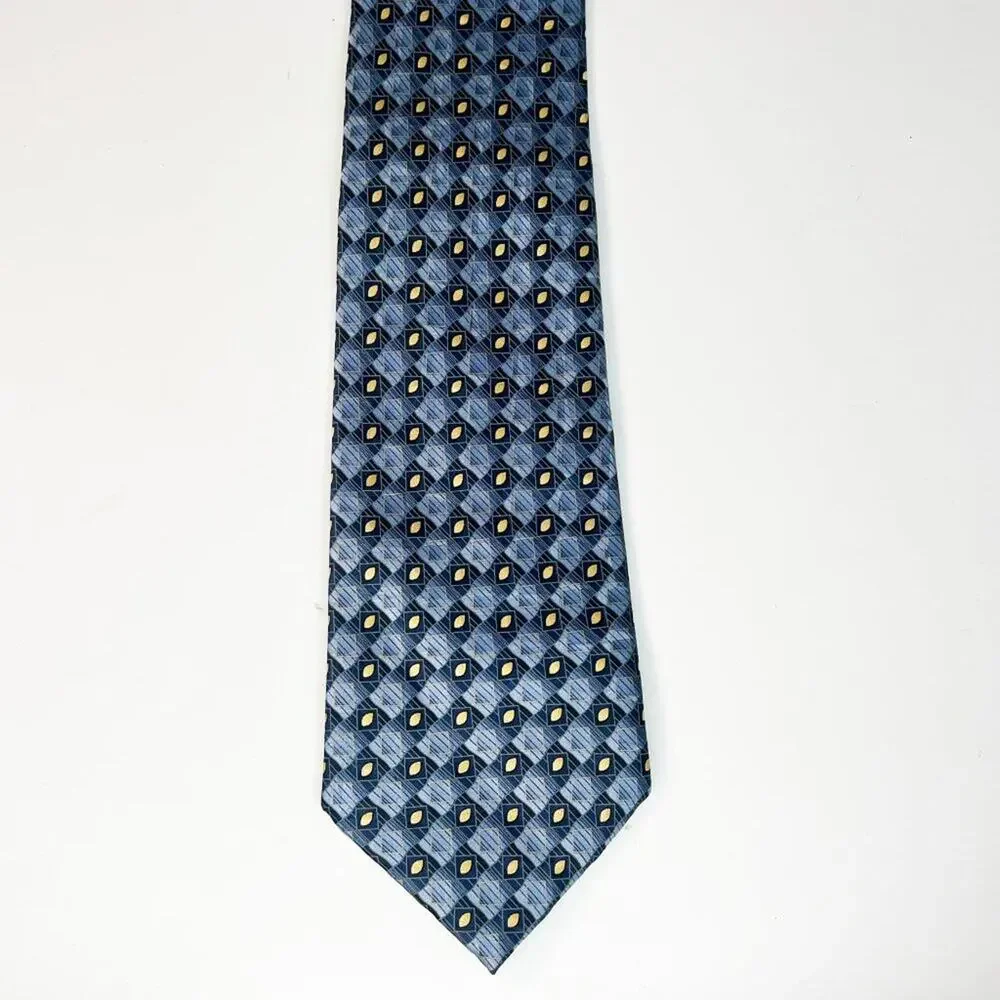 Carlos Devenezia Geometric Print Mens Neck Tie Blue Gold 100% Silk Spain